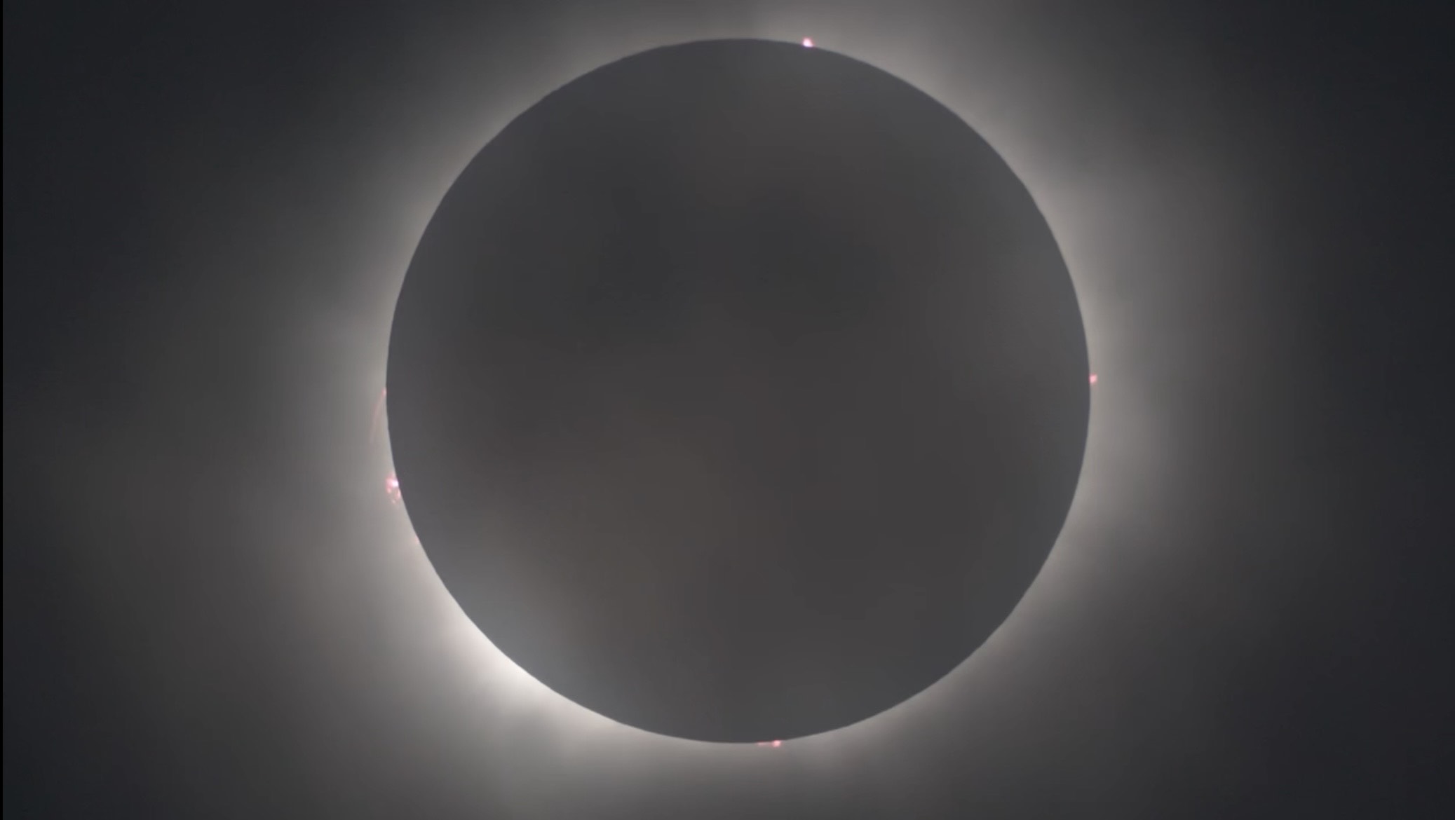 The corona is what the eye sees, but it is not what the computation solves for. Totality is the instant the last of the photosphere is hidden, and the photosphere has no sharp edge, so the moment has to be defined by a chosen radius rather than observed from the image. NASA's Scientific Visualization Studio, from Kerrville, Texas, 2024 April 8 13.