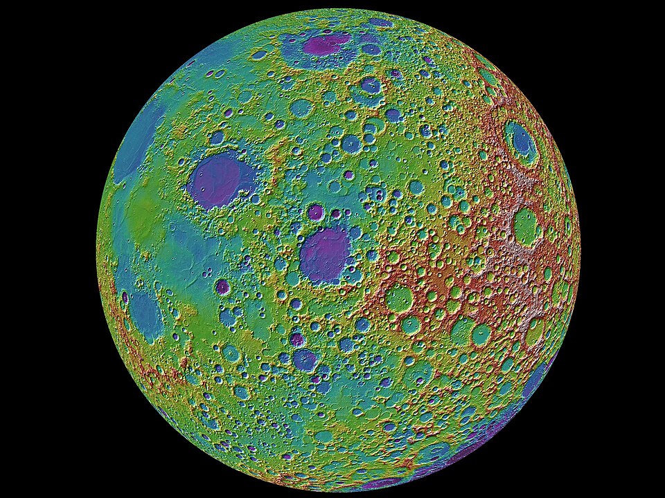 The relief the profile is drawn from. Colour codes elevation over the eastern limb, from 2.4 billion LOLA shots. The profile is not a picture of this surface but one number per 0.02° bin, the largest angular radius any point in that bin presents to the observer, so a far-side peak can enter the limb and a near-side plain never does. NASA/Goddard/MIT/Brown.