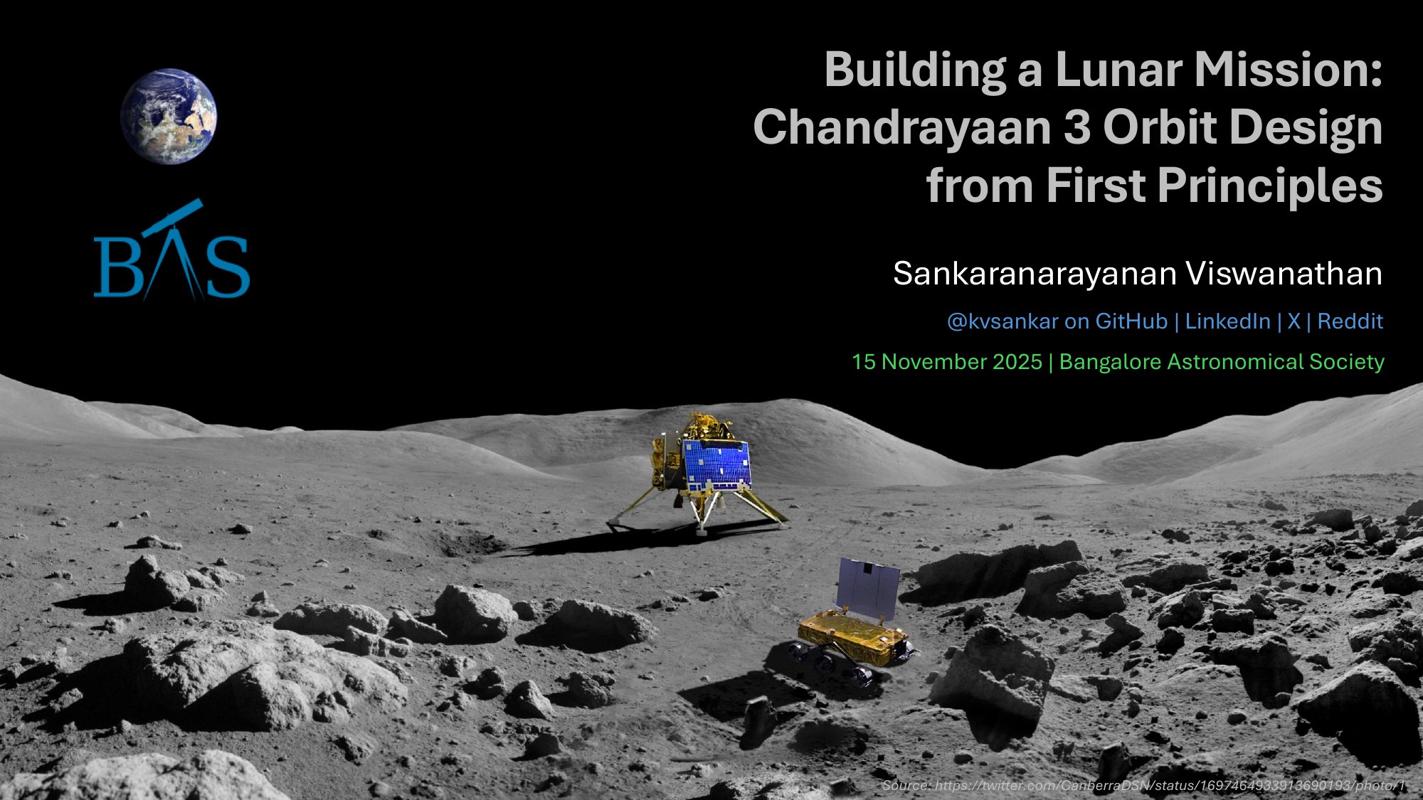 Title slide — Building a Lunar Mission: Chandrayaan-3 Orbit Design from First Principles, BAS AWE 2025