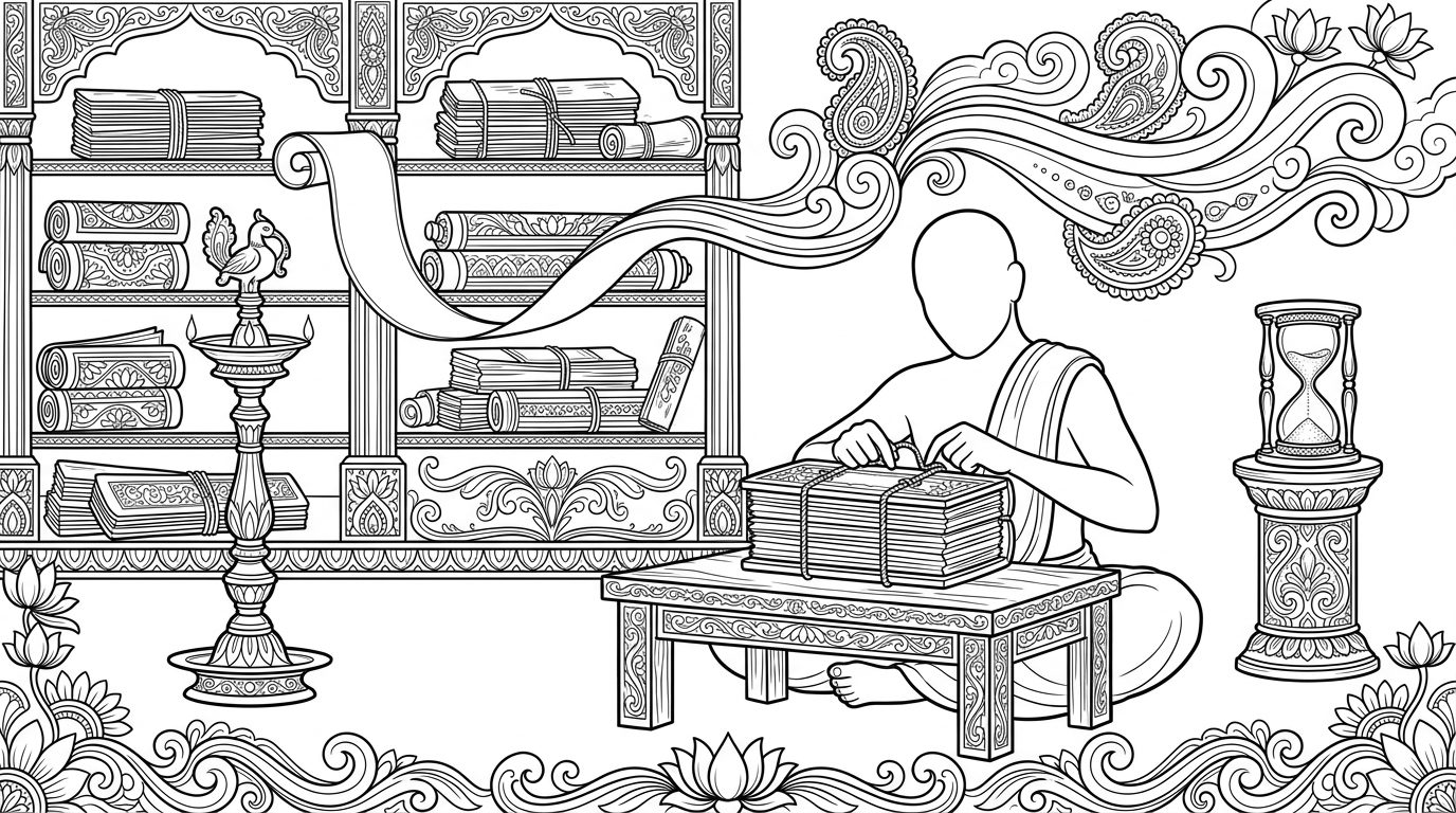 Line drawing of a scribe binding palm-leaf manuscripts in a library, with an oil lamp and an hourglass