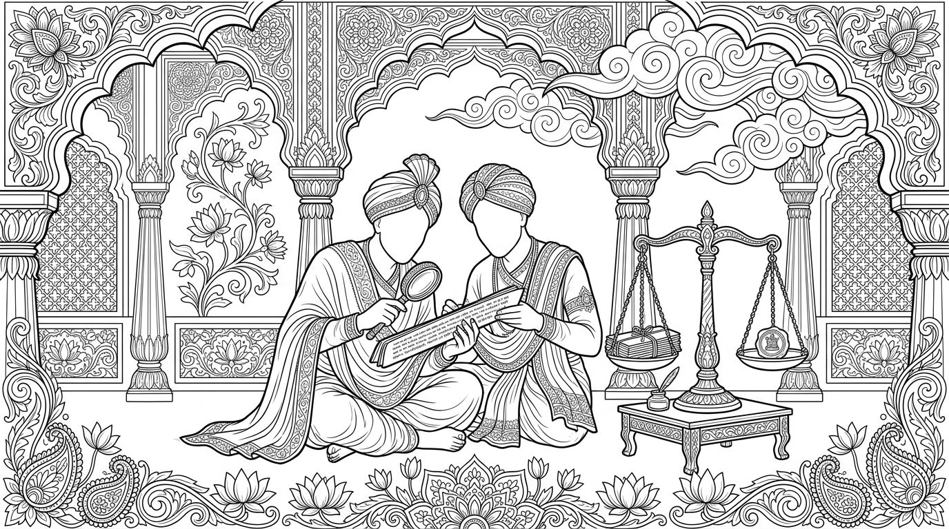 Line drawing of two scholars examining a manuscript with a magnifying lens beside a balance scale