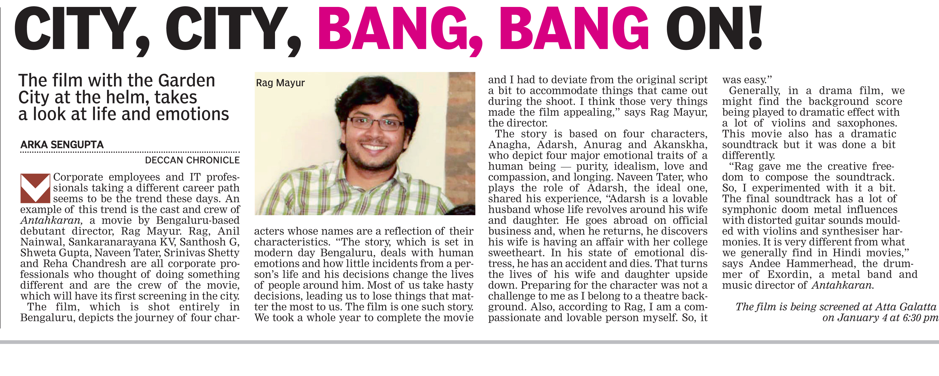 Deccan Chronicle publicity clipping for Antahkaran