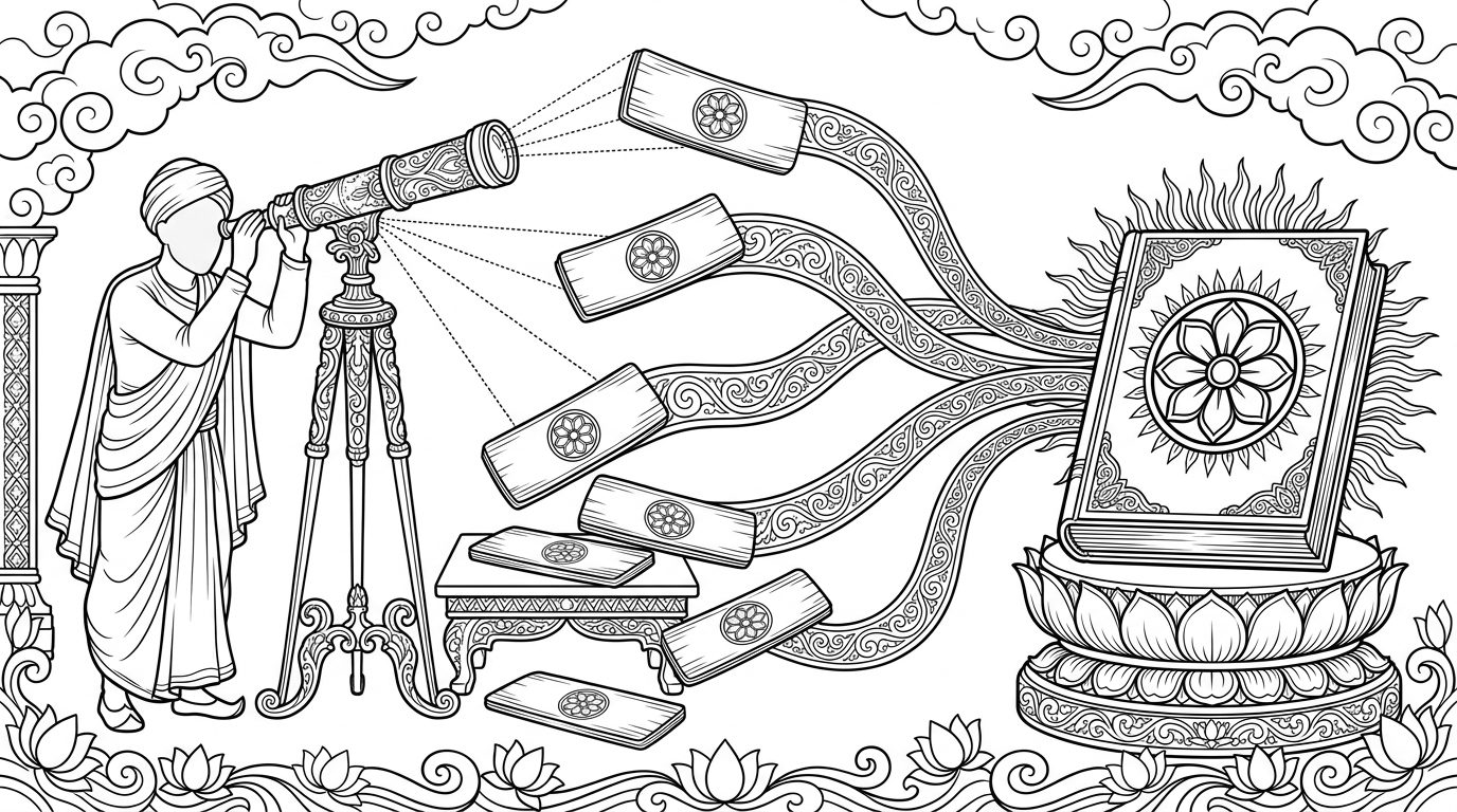 Line drawing of a scholar with a telescope spotting identical manuscript pages, whose copies flow into one master book