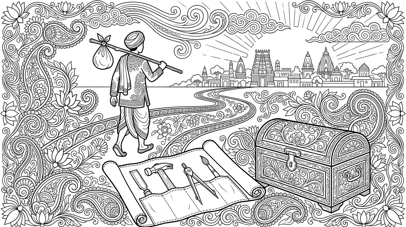 Line drawing of a travelling craftsman walking a road towards a temple town, with a tool roll and a carved tool chest