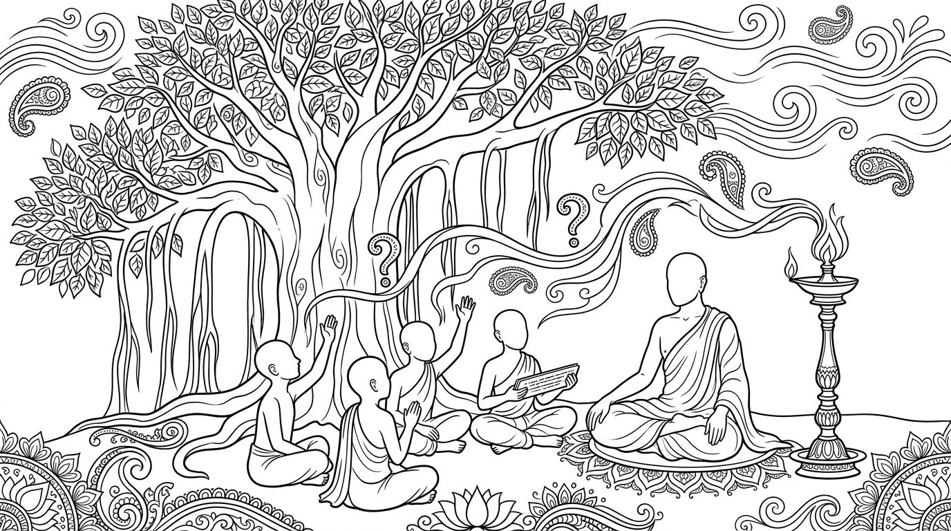 Line drawing of a guru under a banyan tree, with students raising their hands and question marks rising to an oil lamp